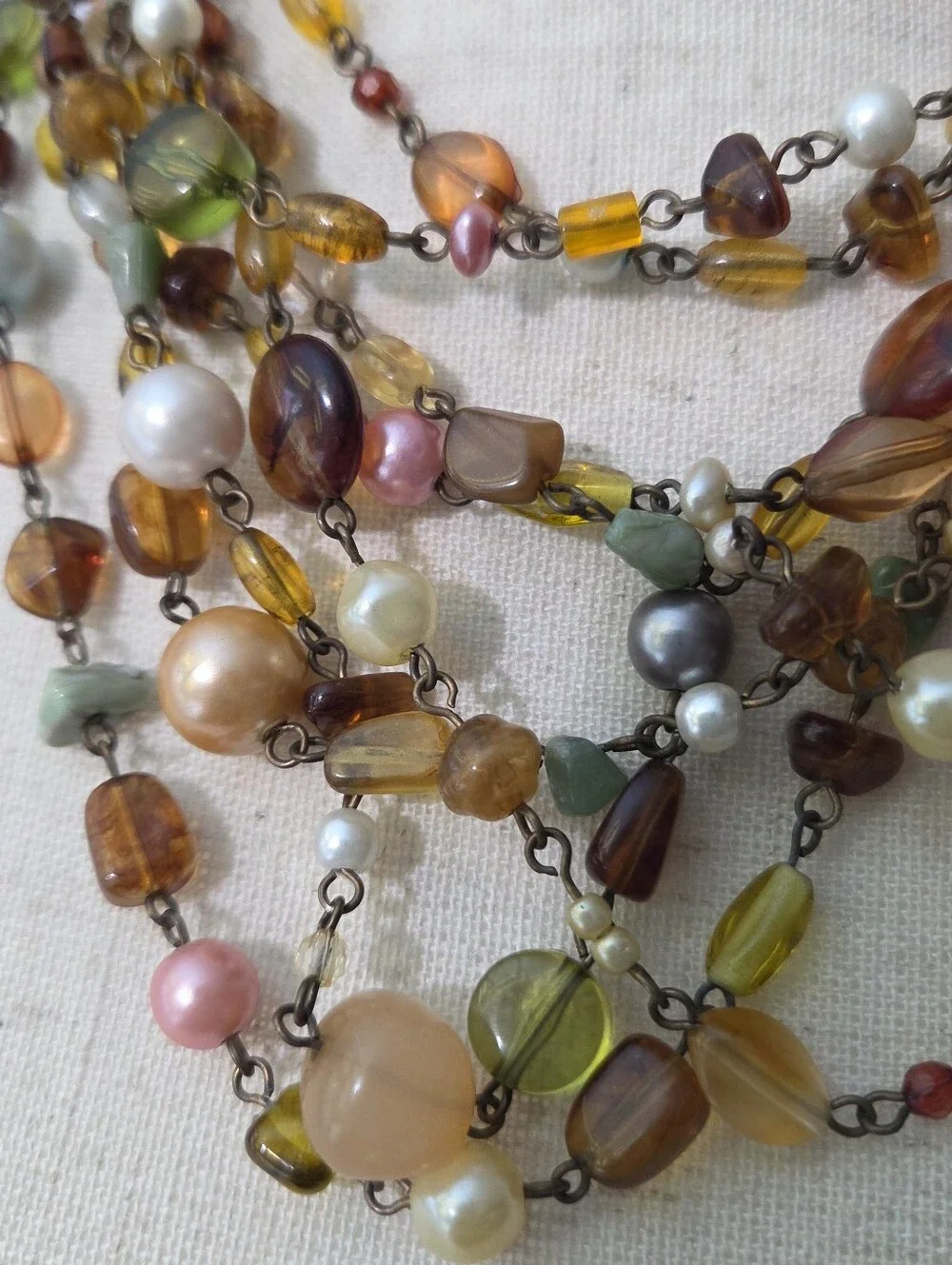 multi stranded beaded faux pearl statement necklace amber green white pink 16in